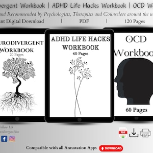 Può includere: Tre schermate di tablet digitale che mostrano le copertine di tre quaderni di lavoro: "Neurodivergent Workbook" con un'illustrazione di un albero, "ADHD Life Hacks Workbook" con un'illustrazione di un ramo e "OCD Workbook" con una silhouette di una testa. I quaderni di lavoro sono disponibili come download digitali istantanei in formato PDF.