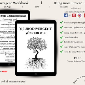 Puede incluir: Una descarga digital para un Cuaderno de trabajo Neurodivergente con 25 páginas. El cuaderno de trabajo presenta consejos y trucos para estar más presente. La portada presenta una ilustración en blanco y negro de un árbol con raíces. El cuaderno de trabajo es compatible con todas las aplicaciones de anotación.