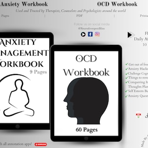 May include: Two digital tablet screens displaying workbooks for anxiety and obsessive-compulsive disorder (OCD). The anxiety workbook has a black and white illustration of a person sitting in a meditative pose. The OCD workbook has a black and white illustration of a person's head in profile. The text on the screens reads "Anxiety Management Workbook" and "OCD Workbook".