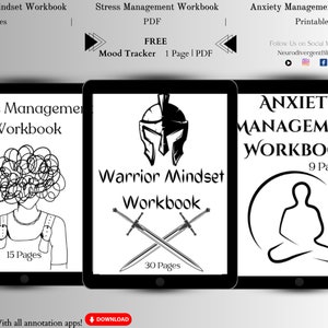 May include: Three digital tablet screens displaying black and white illustrations of a warrior, a person with tangled hair, and a person meditating. The text on the screens reads "Warrior Mindset Workbook", "Stress Management Workbook", and "Anxiety Management Workbook".