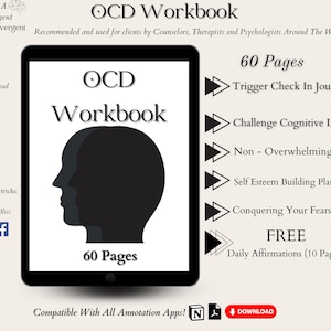 May include: A digital download of an OCD Workbook with 60 pages. The workbook includes sections on trigger check-in journal, challenging cognitive distortions, non-overwhelming, self-esteem building planners, conquering your fears planner, and daily affirmations. The workbook is compatible with all annotation apps.