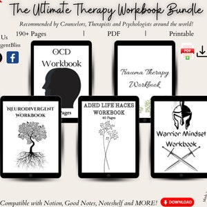 May include: A digital download bundle of therapy workbooks for OCD, trauma, ADHD, and warrior mindset. The workbooks are displayed on tablet screens with black frames. The bundle includes over 190 pages and is printable.