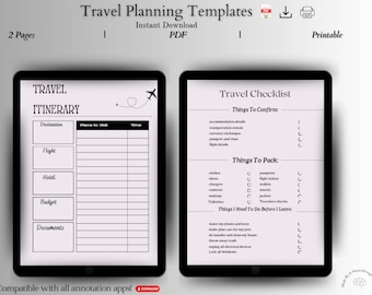 Plantilla de itinerario de viaje para descargar en formato digital / Lista de verificación de viaje / Planificador de viaje / Lista de equipaje para vacaciones / PDF / 8,5 x 11