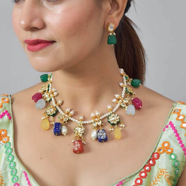 Set Bijou Perles Bleues Et Imitation Perle - Collier + Boucles D'oreilles Pakistani - Fait Main Inde