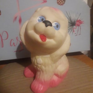 Vintage Rubber Toy Squeaky Dog Puppy Toy  Cute Pink Toy Squeeze  Collectible doll kitsch 70&#39;s blue eyes retro old toy