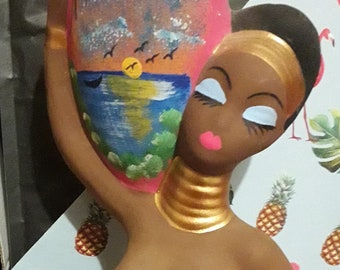 Vintage Ceramic African Woman Black Lady Big Figurine Statuette Tropical Hawaii Pottery  Home decor Kitsch retro figurine