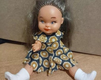 Vintage Celluloid Doll Wearing floral dress Retro fashion doll Long hair stylish posh doll Collectible plastic toy doll Old played Antique