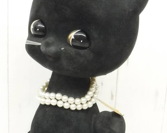 Vintage Flocked Figurine Cat BIG SIZE Felt Black Cat Bobble Head