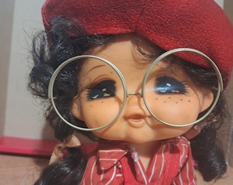 Vintage Rubber Doll Woozie Anime Big Eyes 70&#39;s Japan Cute Kawaii retro Vinyl sassy kitsch freckles dimples tatoo with glasses sun bunny