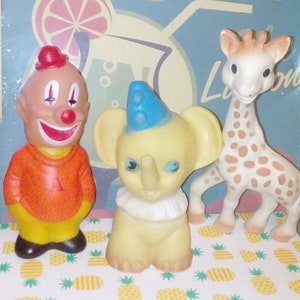 Vintage Gummi Spielzeug Lot Quietsche Giraffe Clown Elefant SpielzeugSqueeze Sammlerpuppe Kitsch Baby Puppe