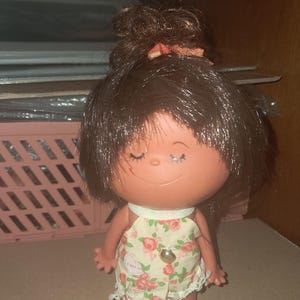 Vintage Rubber Doll from Japan Cute Sassy Kewpie Love  Me funny Kitsch Retro Showa Anime sun bunny floral dress