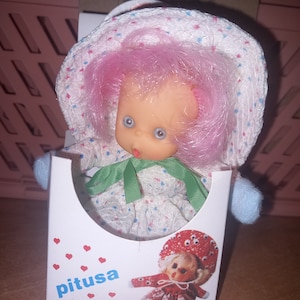 Vintage stuffed Bean Baby doll El Greco Pon pon style polka dot fabric  hat Collectible pink hair original box 70's 80's matchbox doll