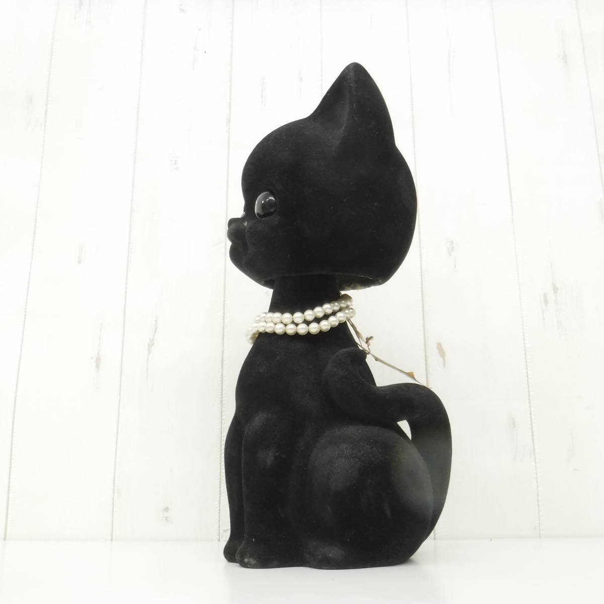 Vintage Flocked Figurine Cat BIG SIZE Felt Black Cat Bobble Head