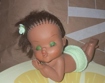 Vintage Rubber Doll Hula Hawaiian Sun Bathing Tan Pin Up Mod Girl Sassy Cute Retro 70&#39;s Kissing Kewpie Sun Bunny Moody Cutie Brunette
