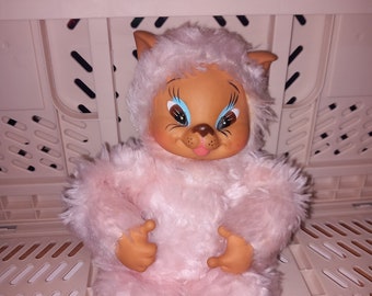 Vintage rubberen pop pluche knuffel kat roze dier rubber gezicht Rushton Gund stijl schattig kawaii retro vinyl kitsch antiek speelgoed collectible