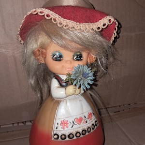 Vintage Rubber Doll Music Box doll Big eyes anime SENPO Japan Vinyl 70&#39;s  Sassy kitsch LADY FLOWERS retro 70&#39;s showa