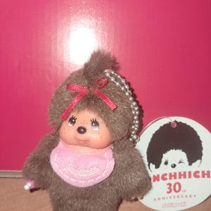 Vintage Rare 30th Anniversary Monchhichi Sekiguchi Key Chain Doll Japanese Stuffed Monkey Toy Kawaii Japan Cute Brown Pink Pacifier Baby
