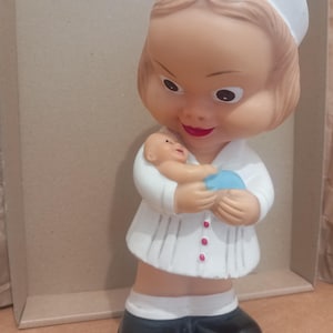 Vintage Rubber Toy Squeaky doll Nurse Holding Baby Midwife Toy Toy Squeeze  Collectible doll kitsch