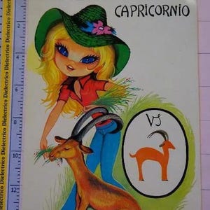 Cartolina d'epoca con segno zodiacale, oroscopo, Capricorno, bella ragazza dagli occhi grandi, ragazza mod, kitsch, retrò, anni '70, biglietto d'auguri non spedito