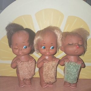 Vintage Rubber Dolls Lot of 3 Sassy Holding Towel kissing Cheeky Blonde Boy Japan Retro Moody Cutie Sun Bunnies Kewpie 70&#39;s pin up