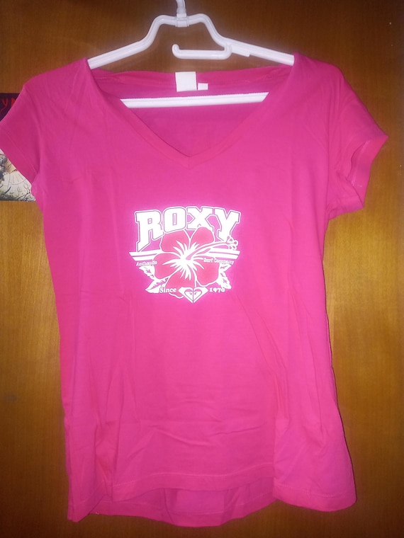 Vintage Roxy T Shirt Tee Tropical Print Hibiscus V Neck Dark