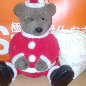 Vintage flocked figurine felt fur christmas bear toy, Jaunty Bear honey co ltd kitsch christmas gift with gift sack dressed as Santa