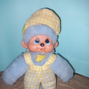 Vintage Rubber Doll Sekiguchi Monchhichi Plush Stuffed made in Japan Japanese Antique retro monkey toy cute kawaii blue fur yellow overalls