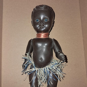 Vintage Plastic Doll African Black Americana Grass Skirt Tan Cute Blue Eyes Retro Antique Celluloid Doll Exotic