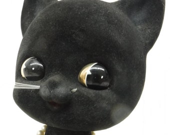 Vintage Flocked Figurine Cat BIG SIZE Felt Black Cat Bobble Head