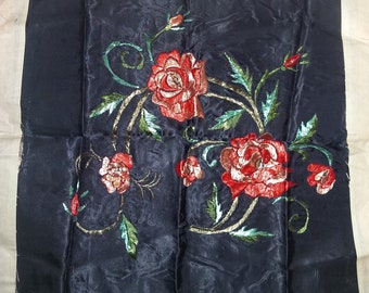 Vintage Gorgeous Embroidery Tablecloth  Handmade Cross Stitch Black Satin  Red Roses Unfinished 50's