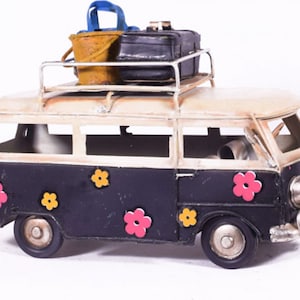 Camper Van Tin Model Volkswagen VW Mini Metal Car Model  Flowers Small Vintage Hippie camper van
