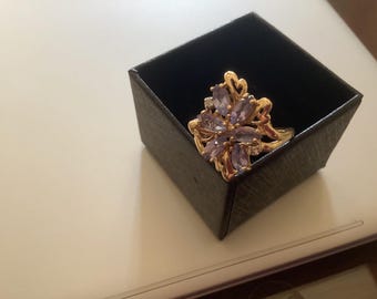 Anillo de cóctel de oro de 14 quilates con 6 diamantes tanzantie de color lavanda, talla marquesa, talla 9.