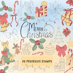 Może przedstawiać: Ilustracja o tematyce bożonarodzeniowej z laskami cukrowymi, dzwonkami, kokardami, ozdobami i pudełkami na prezenty. Napis „Merry Christmas” jest napisany kursywą. Obraz zawiera również tekst „30 Procreate Stamps”.