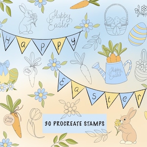 May include: A collection of Easter-themed illustrations, including bunnies, carrots, eggs, flowers, and banners with "Happy Easter" text. The design features a pastel color palette with blue, yellow, and orange accents. The text "30 Procreate Stamps" is also included.
