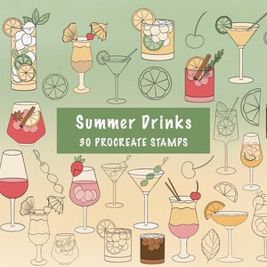 Timbres boissons estivales/30 timbres/Cocktails/Boissons/Procréation/Pinceaux/Cocktails d'été/Timbres cocktails/Bar à menus