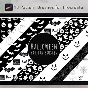 May include: A digital tablet screen displaying 18 pattern brushes for Procreate, featuring black and white Halloween-themed designs including pumpkins, ghosts, bats, spiderwebs, and the text "Halloween Pattern Brushes" in a central circle.
