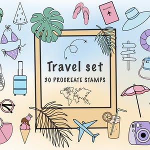 May include: A set of 30 Procreate stamps featuring travel-themed illustrations. The stamps include a passport, airplane, suitcase, sunglasses, ice cream cone, palm tree, sandals, camera, and more. The stamps are in a variety of colors, including pink, blue, green, and yellow.