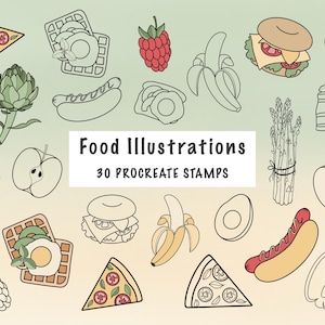 Pode incluir: Ilustrações de comida desenhadas à mão, incluindo fatias de pizza, waffles, um cachorro-quente e uma banana. A imagem apresenta o texto "Food Illustrations 30 Procreate Stamps" em um retângulo branco.