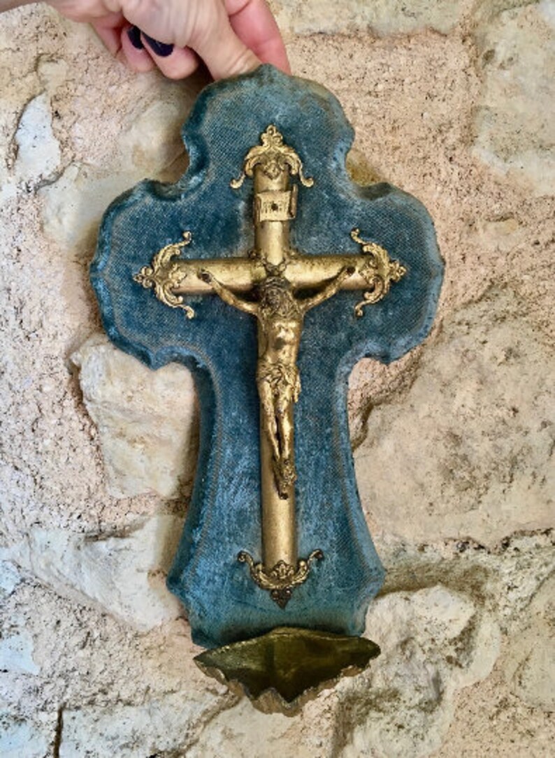 Blue Velvet Benicier Crucifix Holy Water Font Holy Water Etsy