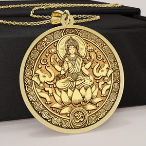 14K Gold Lakshmi Necklace – Hindu Goddess of Wealth, Fortune & Grace – Divine Lotus Pendant – 925k Sterling Silver Option