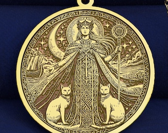 14K Gold Freyja Pendant, Norse Goddess Necklace, Viking Magic Amulet, Cats & Moon Mythology Jewelry