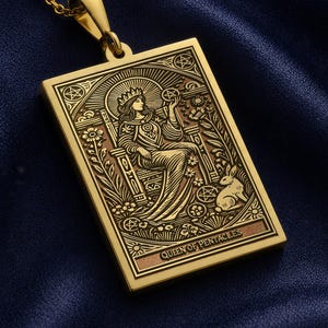 Può includere: Una collana con ciondolo rettangolare color oro con un'illustrazione incisa di una figura seduta che indossa una corona e tiene in mano una moneta. Il design include motivi floreali, un piccolo coniglio e il testo Queen of Pentacles in basso.