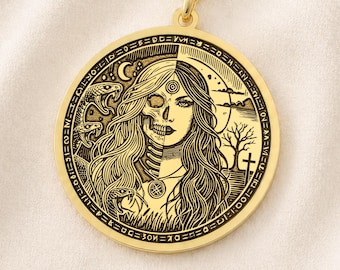Hel Necklace, Norse Goddess Pendant, Helheim Split Face Medallion