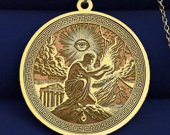 14K Gold Prometheus Pendant, Greek Mythology Necklace, Fire of Knowledge Amulet, Enlightenment Symbol Jewelry