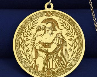 14K Gold Achilles & Patroclus Necklace – Greek Heroes of Love and Loyalty – Mythology Pendant – 925k Sterling Silver Option