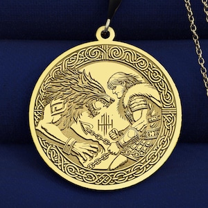 14K Gold Fenrir & Tyr Necklace: Norse Mythology Pendant