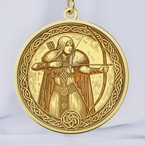 14K Gold Skadi Necklace – Norse Huntress Goddess Pendant – Norse Mythology Jewelry – Viking Archer Medallion – Empowering Women’s Gift