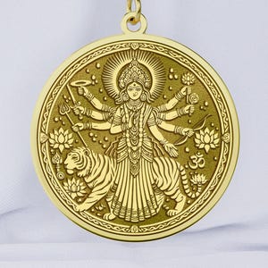 14K Gold Durga Pendant | Hindu Goddess Necklace | Divine Feminine Power Jewelry | Tiger-Riding Devi Amulet for Strength & Protection