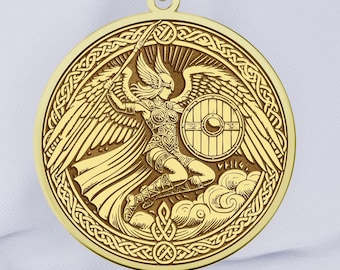 14K Gold Valkyrie Necklace: Hand-Engraved Norse Mythology Pendant