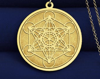 14K Gold Metatrons Würfel Halskette: Amulett Heilige Geometrie